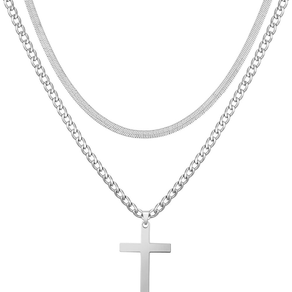 Waterproof Layered Cross Necklace with Chains Stainless Steel